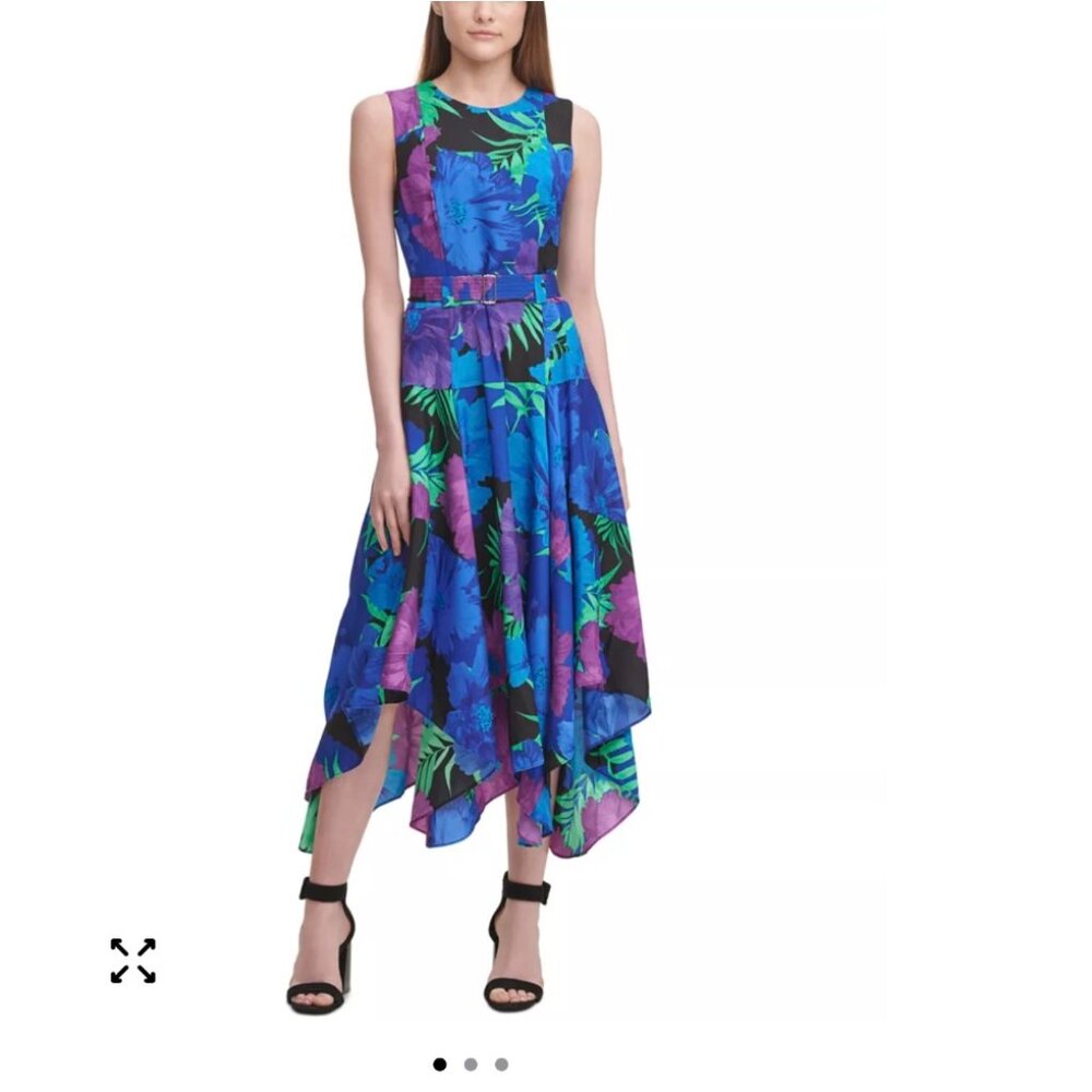 Calvin Klein Printed Tiered Handkerchief-Hem Dress With Buckle Belt  Sz 10 NWT